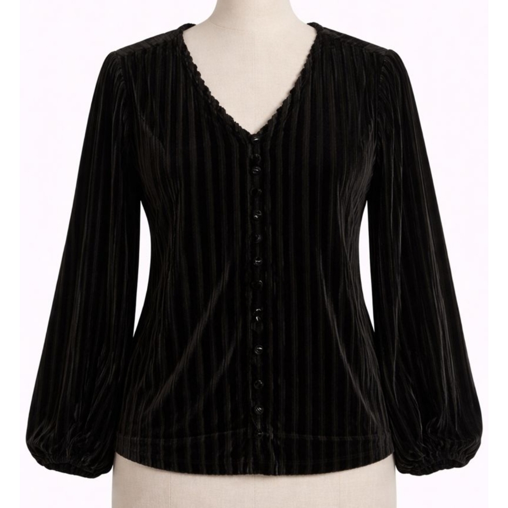 Indigo Thread Co.‎ Ribbed Black Velvet Button Front Blouse XS